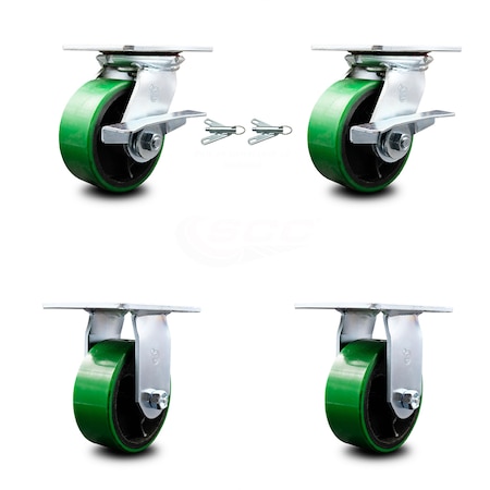 5 Inch Green Poly On Cast Iron Caster Brakes/Swivel Locks And 2 Rigid SCC, 2PK